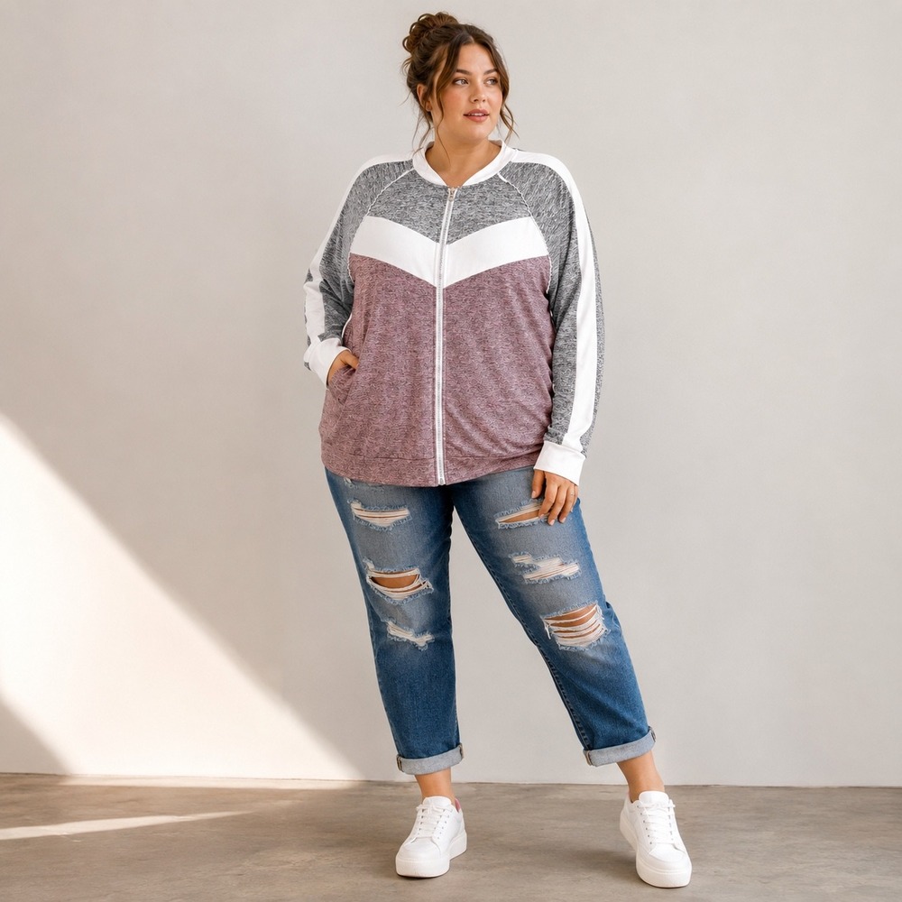 Rouge Collection Women's 3X Zip Up‎ Sweatshirt Mauve Gray White Colorblock
